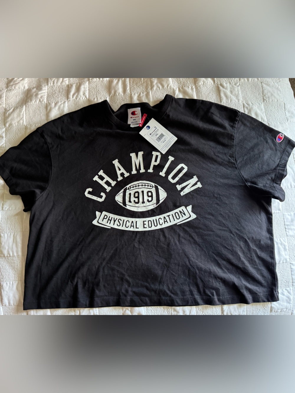 Women’s Champion Black CROP Tee with White 'Physical Education' Graphic